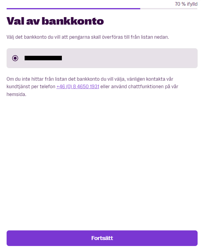 Val av bankkonto hos Saldo
