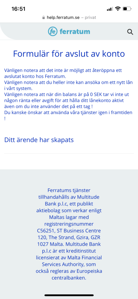Bekräftelse avslutat konto